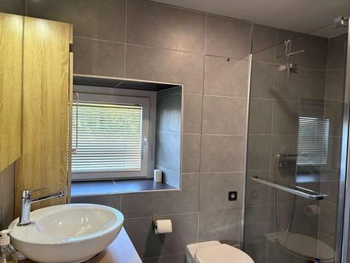 une salle de bain avec un lavabo, des toilettes et une douche dans l'établissement Charmante maison bretonne avec jardin clos, parking, WiFi, à 900m de la plage - Trégastel - FR-1-542-35, à Trégastel