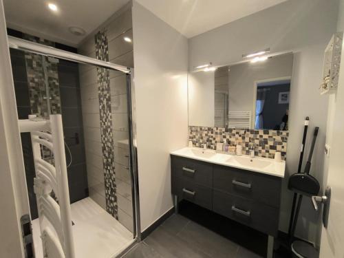 a bathroom with a shower and a sink at Le balcon des cimes in Adast