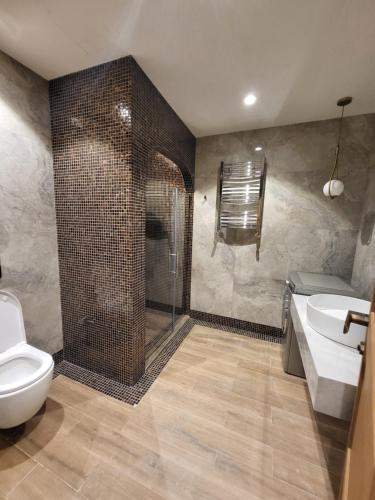a bathroom with a shower and a toilet and a sink at Sea Breeze The Grand 250 in Nardaran