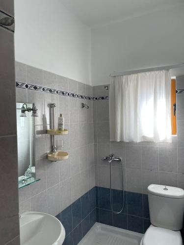 a bathroom with a toilet and a shower and a sink at Olive Tree in Sarandë
