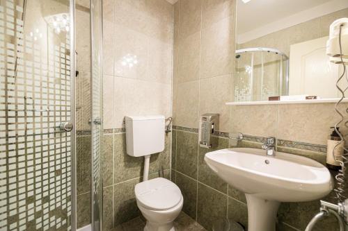 a bathroom with a toilet and a sink at Hotel Brilliant Meseș in Zalău