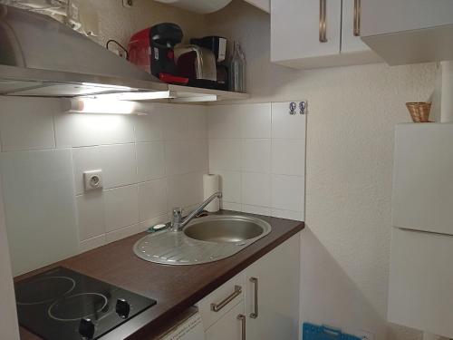 une petite cuisine avec un évier et un comptoir dans l'établissement Appartement fonctionnel à Seignosse Plages, parking gratuit - FR-1-239-1096, à Seignosse