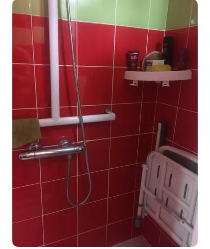 La salle de bains est pourvue de carrelage rouge et d'une douche avec un tuyau. dans l'établissement Chez Miguel Angel, à Bonneuil-sur-Marne