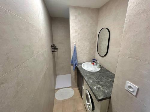 une salle de bain avec un lavabo et un miroir dans l'établissement Appartement T2 Lumineux avec Parking Privé et Piscine près de la Plage - FR-1-388-223, à Argelès-sur-Mer