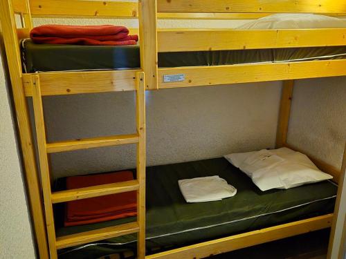 - deux lits superposés avec des lits superposés verts dans l'établissement Studio fonctionnel avec balcon, animaux admis - FR-1-811-25, à Les Deux Alpes