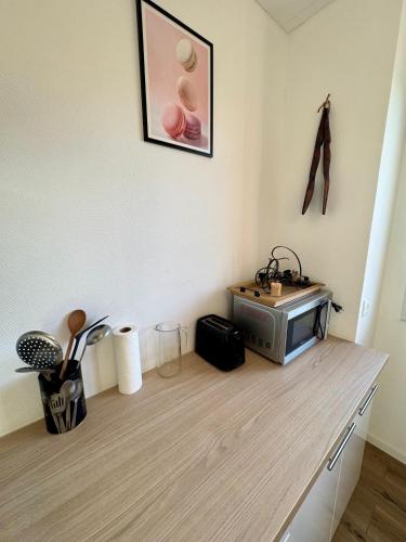 a kitchen with a counter with a microwave on it at Le Cocooning in Aureilhan