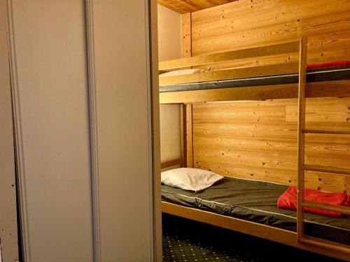 une chambre avec deux lits superposés et un placard dans l'établissement Studio cosy au pied des pistes avec balcon et animaux admis - FR-1-811-19, à Les Deux Alpes