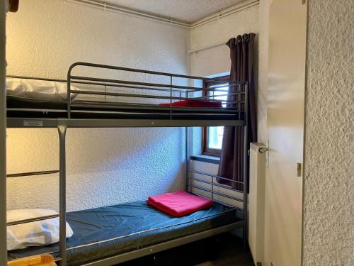- un lit superposé avec un oreiller rouge sur la couchette inférieure dans l'établissement Duplex cosy sous les toits, pied des pistes, animaux admis - FR-1-811-21, à Les Deux Alpes