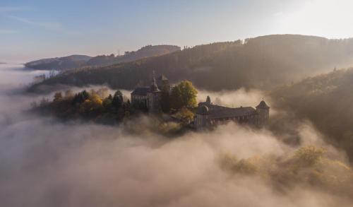 an old castle on a hill in the fog at Hotel und Restaurant Burg Schnellenberg in Attendorn