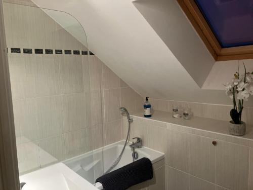 La salle de bains est pourvue d'un lavabo et d'une baignoire avec douche. dans l'établissement Duplex coloré et lumineux, à Provins