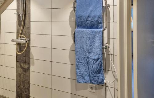 a shower with a blue towel hanging on a wall at Awesome Apartment In Mullsjö With Wifi in Mullsjö