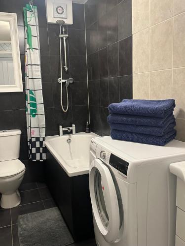 a bathroom with a washing machine and a sink at Farriers House in London
