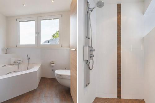 a white bathroom with a toilet and a sink at Het Schoolhuis in Ferwerd