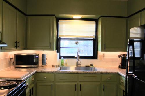 a kitchen with a sink and a microwave at The Flower Pot in Lexington