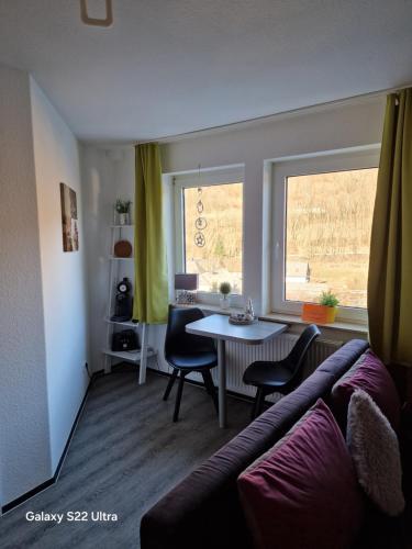 a living room with a couch and a table and a window at Ferienwohnung Vier Pfoten in Willingen