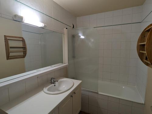 une salle de bain avec un lavabo et une douche dans l'établissement Studio fonctionnel avec balcon, au pied des pistes, animaux admis - FR-1-811-32, à Les Deux Alpes