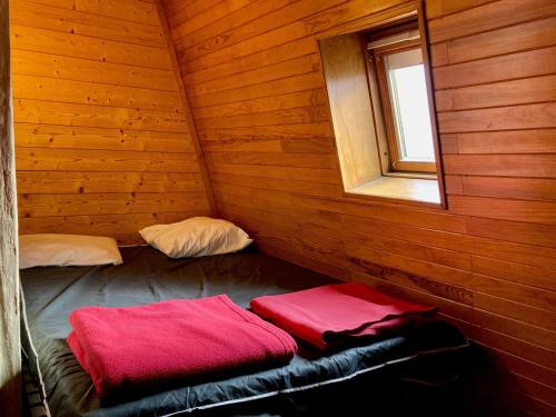 Cette chambre en bois dispose d'un lit et d'une fenêtre. dans l'établissement Duplex sous les toits, pied des pistes, animaux admis - FR-1-811-37, à Les Deux Alpes