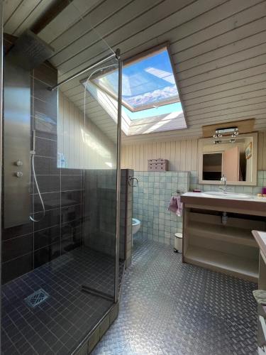 une salle de bain avec douche et lavabo dans l'établissement Hossegor Belle villa avec piscine pour 10 personnes., à Hossegor