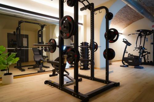 a gym with lots of exercise equipment in a room at Mercure Bergamo Centro Palazzo Dolci in Bergamo