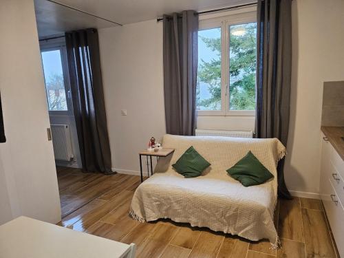 a bedroom with a bed with two green pillows on it at L'harmonie d'Eden Harmony of Eden in Sainte-Geneviève-des-Bois