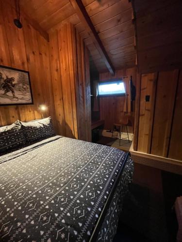 a bedroom with a bed in a wooden cabin at The Viking Lodge - Downtown Winter Park Colorado in Winter Park