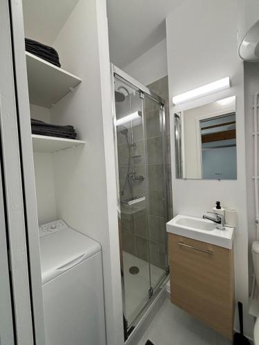 La petite salle de bains est pourvue d'une douche et d'un lavabo. dans l'établissement Mini-loft, Paris 15 - Convention, à Paris