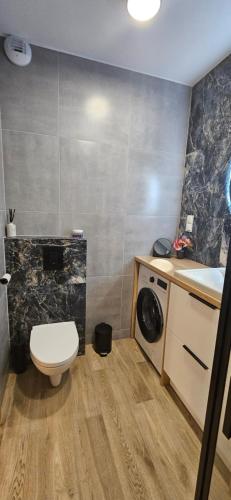 a bathroom with a toilet and a sink and a washing machine at Nadmorskie Zacisze Mechelinki in Mechelinki