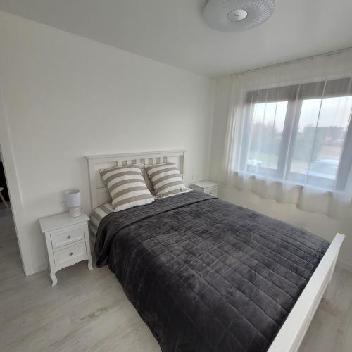 a white bedroom with a large bed and a window at Éden- Alsace Route des Vins in Scherwiller