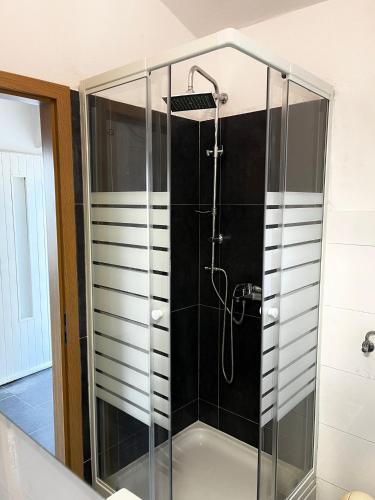 una ducha con mampara de cristal en un baño en Apartments Harmoney, en Rukavac