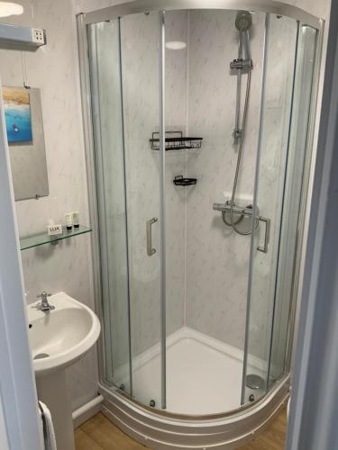 a bathroom with a shower and a sink at Green Apple Bed and Breakfast in St Ives