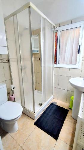 a bathroom with a shower and a toilet and a sink at Casa Canaria shared house in El Médano
