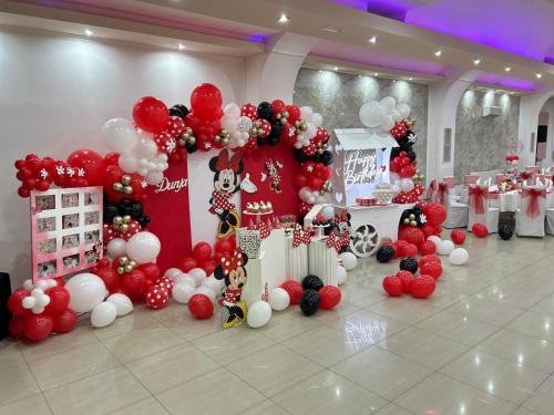a room with red and white balloons and a wall with a dog balloon garland at Hotel Oaza in Kikinda
