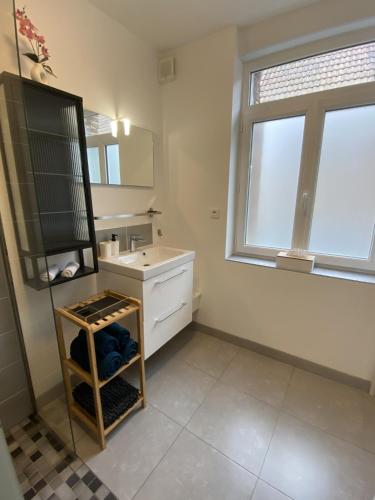 une salle de bain avec un lavabo et un miroir dans l'établissement Maison individuelle avec terrasse et parking, à Sains-lès-Marquion