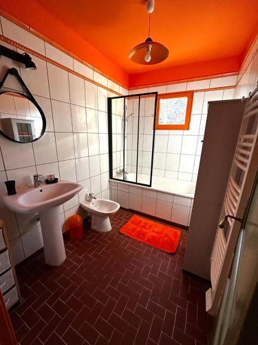 une salle de bain avec un lavabo et des toilettes dans l'établissement Appartement pleine nature 5pers - A2, à Grimaud