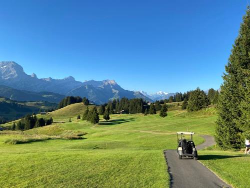 a golf cart driving down a road at Central studio in Villars sur Ollon, Emeraude, for 3 only 100m to Bretaye ski train in Villars-sur-Ollon