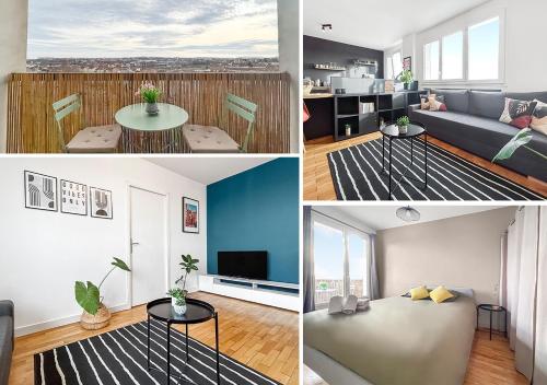 un collage de photos d'un salon et d'un salon dans l'établissement Cozy flat balcony panoramic view 5m metro B, à Oullins