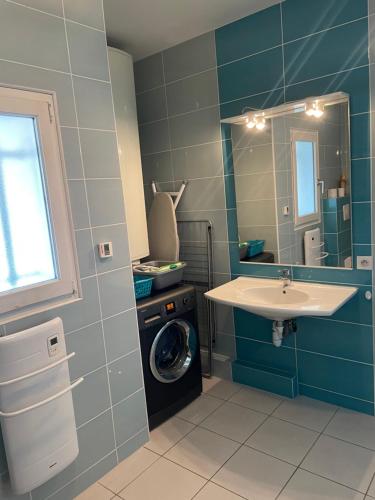une salle de bain avec un lavabo et une machine à laver dans l'établissement Bleu Lagon-T2 en RDC proche centre ville avec terrasse labellisé PMR, à Salies-de-Béarn