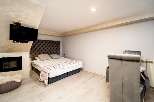 a bedroom with a bed and a tv and a fireplace at French House in Belgrade
