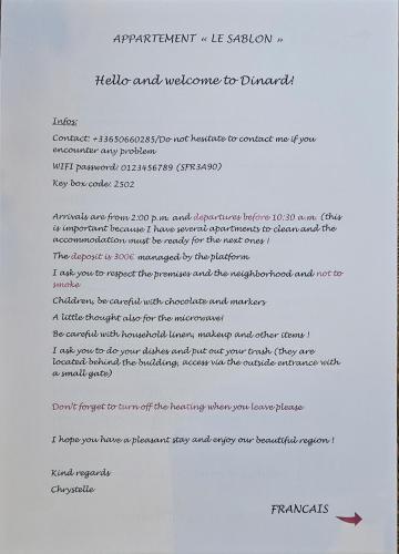 une lettre de l'ambassade d'Irlande et un accueil chaleureux dans l'établissement Le sablon 50m plage et centre ville 1 a 4 personnes, à Saint-Malo