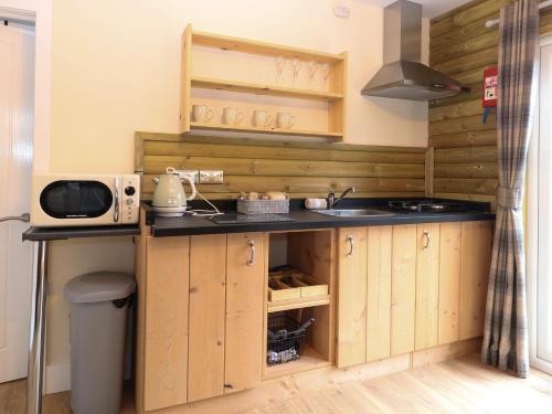 a kitchen with a sink and a microwave at Robin's Nest Lodge in Snettisham