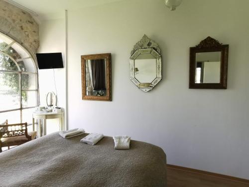 a bedroom with a bed and mirrors on the wall at Maison Basta in Orthevielle