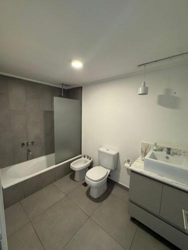 a bathroom with a toilet and a tub and a sink at Departamento céntrico con cochera y piscina Paz 341 in Tandil