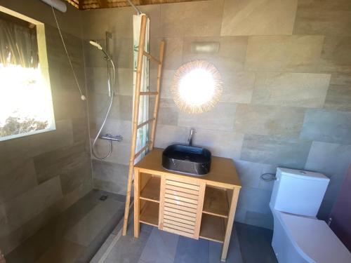 a bathroom with a shower and a sink and a toilet at Maharepa Lodges Vue sur les étoiles in Maharepa