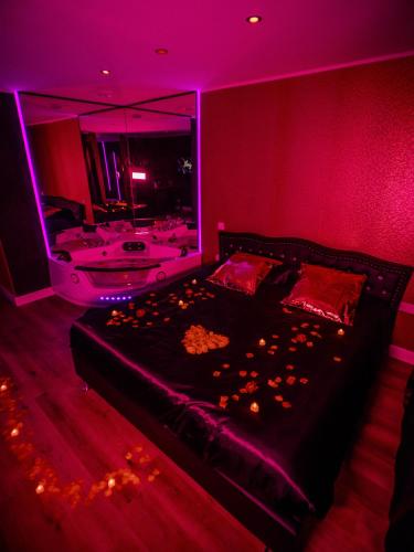 une chambre avec un grand lit et une baignoire dans l'établissement Shiny Cloud Love Room, à Limoux