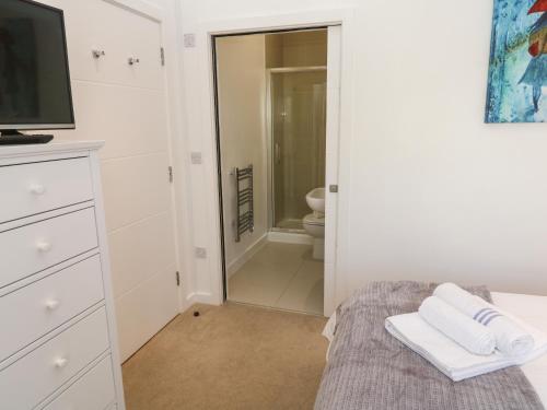 een slaapkamer met een badkamer met een toilet en een televisie bij Una, Lodge 70 in St Ives