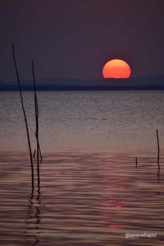 a sunset over the ocean with the sun setting at Chalet sul Trasimeno in Sant Arcangelo