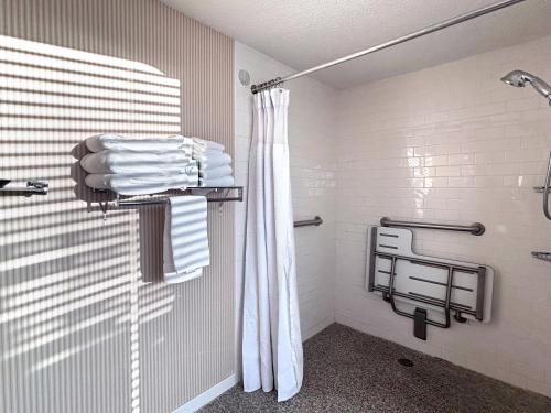 a bathroom with a shower curtain and towels at Fort Pontchartrain Detroit, a Wyndham Hotel in Detroit
