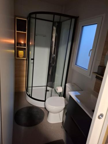 un bagno con doccia, WC e lavandino di Villa Petra a Vodice