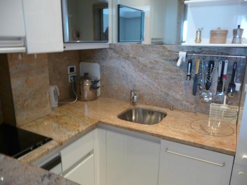 une cuisine avec un évier et un plan de travail dans l'établissement Residence Palais Miramar, à Cannes