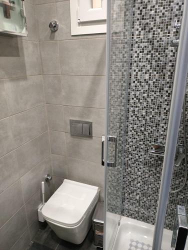 a small bathroom with a toilet and a shower at Neapolis Apartment in Kavála